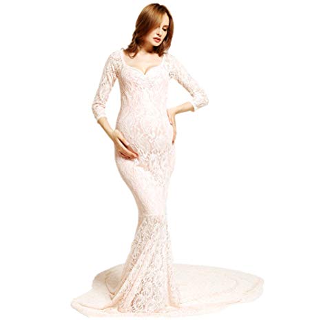 D&J DON&JUDY Maternity Photography Props V Neck Long Sleeve Lace Maternity Dresses for Photography