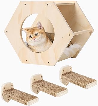 COOLEX Cat Wall Shelves, Cat Shelves for Wall, Cat Wall Furniture, Cat Shelf with 3 Steps Scratcher Post, Cat Tree Hammock with Plush Wall Mounted, Climbing Shelf Wall Mount for Indoor Cats (Wood)