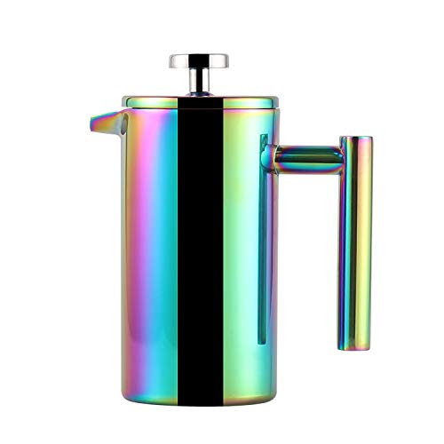 Highwin Small Stainless Steel French Press - 3 Cups Coffee Plunger Press Pot Best Tea Brewer & Maker - Double Walled. Unique Dual-Filter. Individual Serving (Rainbow)