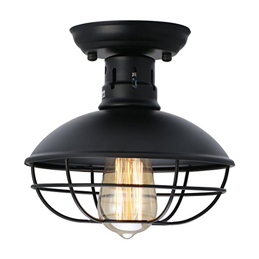 Industrial Ceiling Light, KINGSO UL Listed Metal Rustic Dome/Bowl Shaped Semi-Flush Mount Porch Light Black Cage Lamp Fixture For Country Hallway Kitchen Garage