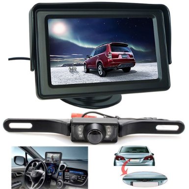 Backup Camera and Monitor Kit For Car/Vehicle ,Universal Waterproof Adjustable CMOS Rear-view Reversing / Reverse License Plate Backup Camera   4.3 Inch LCD Monitor (4.3)