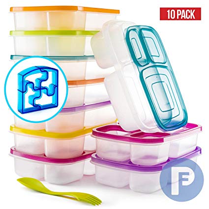 Bento Lunch Box 3 Compartment Food Containers – Set of 10 Storage meal prep Container Boxes– Ideal for Adults, Toddler, Kids, Girls, and Boys – Free 2-in-1 Fork/Spoon & Puzzle Sandwich Cutter
