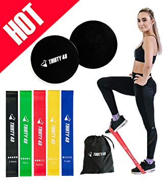 Thirty 48 Gliding Discs Core Sliders and 5 Exercise Resistance Bands | Strength, Stability, and Crossfit Training for Home, Gym, Travel | User Guide & Carry Bag