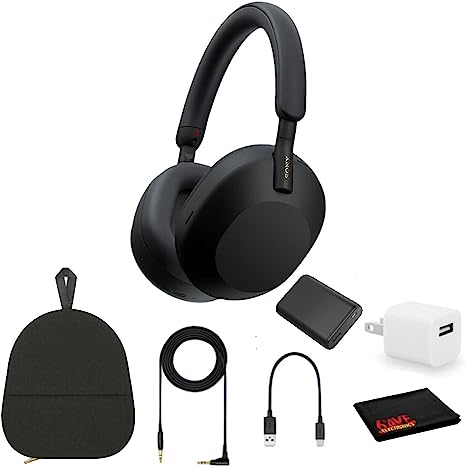 Sony WH-1000XM5 Noise-Canceling Wireless Over-Ear Headphones (Black), 30 Hours Playback Time, Hands-Free Calling, Alexa Voice Control - Kit with Charging Cube and Portable Charger