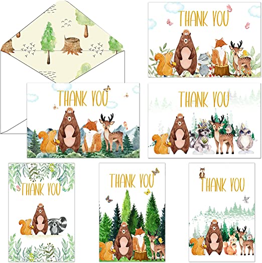 72 Pieces Woodland Thank You Cards Includes 36 Pieces Forest Envelopes and 36 Pieces Bear Forest Greeting Thank You Cards Watercolor Animal Blank Notes Cards for Birthday Kids Party Baby Shower