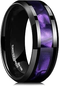 King Will 8mm Green/Blck/Red/Purple Shell/Meteorite Inlaid Black Tungsten Carbide Rings Wedding Band Brushed/Polished Men’s Engagement Ring Comfort Fit for Men Women