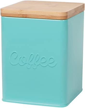 Now Designs L170002aa Square Coffee Tin Turquoise Vintage Script Print, Blue