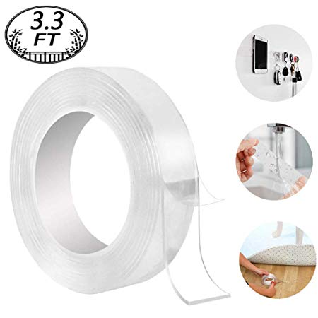 Washable Adhesive Tape, Hompie 3.3FT Traceless Reusable Clear Double Sided Anti-Slip Nano Gel Pads,Removable Sticky Transparent Strips Grip for Glass, Metal, Kitchen Cabinets or Tile Nano Tape-1M