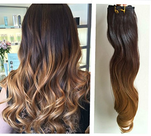Loose Curls Wavy Curly Full Head Ombre Dip Dyed Clip-in Hair Extensions 6pcs Pack (Col. Dark brown to dark blonde)
