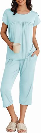 Ekouaer Womens Pajama Set Short Sleeve Sleepwear Pleated Floral Pjs Set Capri Pants Lounge Sets with Pockets S-XXL