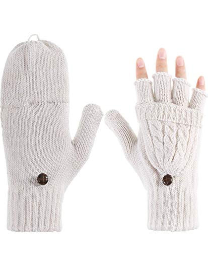 Tatuo Women Convertible Glove Cable Knit Glove Half Finger Mitten with Cover for Cold Days