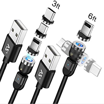 A.S 3 in 1 Magnetic Phone Charger Cable, 360°& 180° Rotation Magnetic Charging Cable, Compatible with Micro USB, Type C and iProduct (2 Pack,3ft/6ft) (Black)