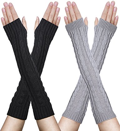 Oryer 2 Pairs Womens Winter Knit Long Fingerless Gloves - Thumbhole Arm Warmers