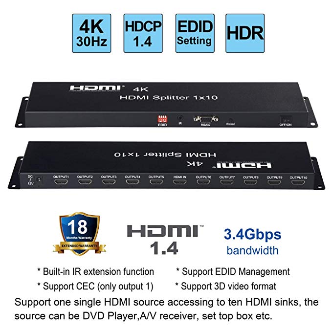 NEWCARE 4K HDMI Splitter,1 in 10 Out Splitter Support Full HD 4K/2K 3D Resolution, with IR Extension, Edin Management, RS 232,Works with Monitors,Projecters,DVD Player A/V Receiver