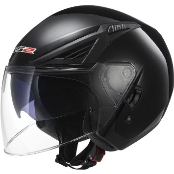 LS2 Helmets Bishop Solid Open Face Motorcycle Helmet with Sunshield (Gloss Black, Small)