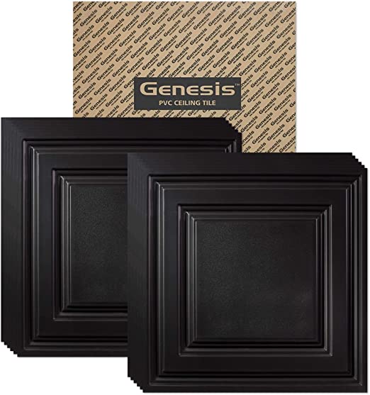 Genesis 2ft x 2ft Black Icon Relief Ceiling Tiles - Easy Drop-in Installation – Waterproof, Washable and Fire-Rated - High-Grade PVC to Prevent Breakage - Package of 12 Tiles