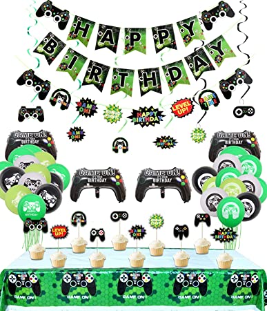 Video Game Party Decorations, 3 Set HAPPY BIRTHDAY Gaming Banner, 4 Pcs Controller Foil Balloons and 20 Pcs Game Themed Latex Balloons for Gamer, Kids and Boys Birthday (B)