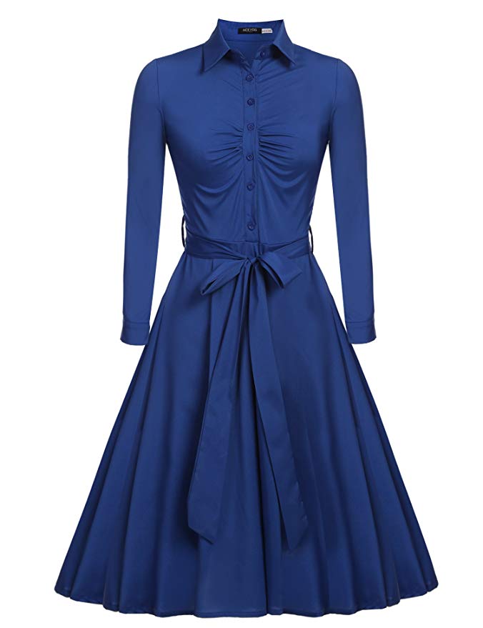 ACEVOG Women's 1950s Bow Belt Vintage Classical Casual Party Swing A-Line Tea Picnic Shirt Dress