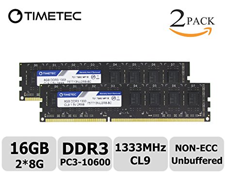 Timetec ® (P/N 75TT133U2R8-8G) 16GB Kit (2*8GB) Dual Rank 1333MHz DDR3 (PC3-10600) Non-ECC Unbuffered CL9 240-Pin UDIMM 2Rx8 512x8 1.5V Desktop PC Computer Memory Ram Module Upgrade (16GB (2*8GB))