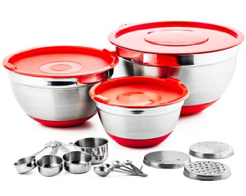 Chef's Star Professional 17 Piece Stainless Steel Mixing Bowl Set with Anti-Slip Silicone Base