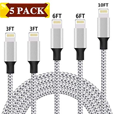 iPhone Charger, MFi Certified Lightning Cable, 5 Pack(3/3/6/6/10 FT) Extra Long Nylon Braided Charging&Syncing Cord Compatible with iPhone Xs/XR/XS Max/X/7/7Plus/8/8Plus/6S/6S Plus/5 More Silver&Grey