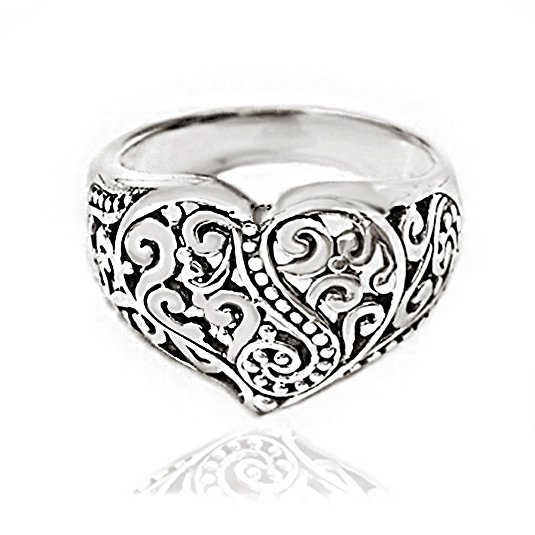 925 Oxidized Sterling Silver Detailed Filigree Heart Ring - Nickle Free