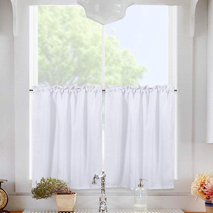 30" x 36" Waffle Woven Textured Short Curtains Tiers for Kitchen Bedroom Bathroom Nursing Room Café Bookroom, Half Window Treatment Curtains, Water-Resistance, Rop Pocket Design, Set of 2, White