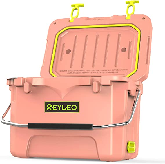REYLEO Camping Cooler, 21 Quart 3-Day Ice Retention, Portable Rotomolded Cooler, 30-Can Capacity Ice Chest, with Built-in Bottle Opener, Cup Holder,Fish Ruler (Pink)