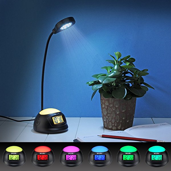 DreamSky Alarm Clock With Desk Lamp ,7 Color Changing Mood Light , USB Port For Phone Charger , Snooze, Outlet Powered With DC Adapter Included , Batery Backup. (Black)