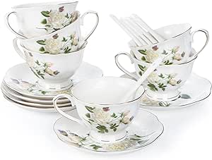 Foraineam Tea Cup and Saucer Set, Porcelain Ivory Floral Coffee Cups with Saucers and Spoons, 6 oz Tea Cup Set with Gold Trim, Latte Cups and Espresso Mug for Coffee Drinks, Latte and Tea, Set of 6