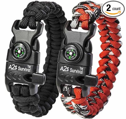 A2S Paracord Bracelet K2-Peak Series - High Quality Survival Gear Kit with Embedded Compass, Fire Starter, Emergency Knife & Whistle - Pack of 2 - Quick Release Slim Buckle Design Hiking Gear