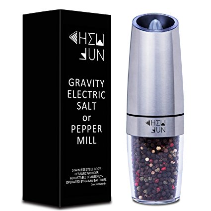 Gravity Electric Pepper Grinder or Salt Grinder Mill with Adjustable Coarseness Ceramic Mechanism, Automatic Operation, Battery Powered with Blue LED Light, Brushed Stainless Steel by CHEW FUN
