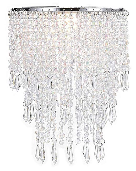 Waneway 3 Tiers Ceiling Chandelier Pendant Light Shade with Acrylic Jewel Droplets, Beaded Lampshade with Chrome Frame and Clear Beads, Diameter 8.7 inches, Clear