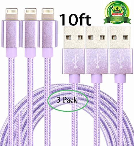 Abloom 3Pack 10ft Lightning Cable Nylon Braided Charging Cable Extra Long USB Cord for iphone 7,7 plus,6s,6s plus,6plus,6,5s 5c 5,iPad Mini, Air,iPad5,iPod 7on iOS10.(Purple)