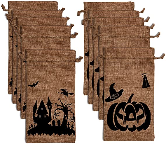 LUTER 9.8" x 5.8" Halloween Burlap Bags Trick or Treat Hessian Bags Drawstring Gift Bags for Party Candy Cookie Goodie Favors(10 Pack)