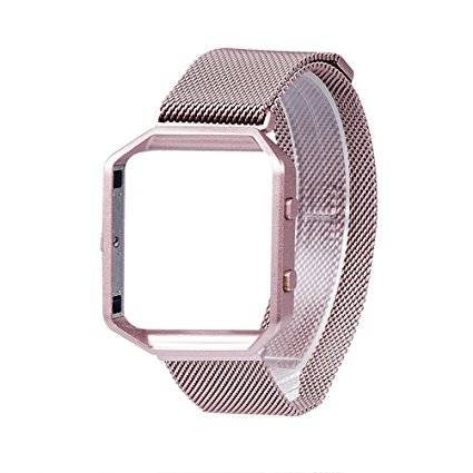 For Fitbit Blaze Band, Wearlizer Milanese Loop Watch Band Replacement Stainless Steel Bracelet Strap With Metal Frame for Fitbit Blaze - Rose Gold Pink Large