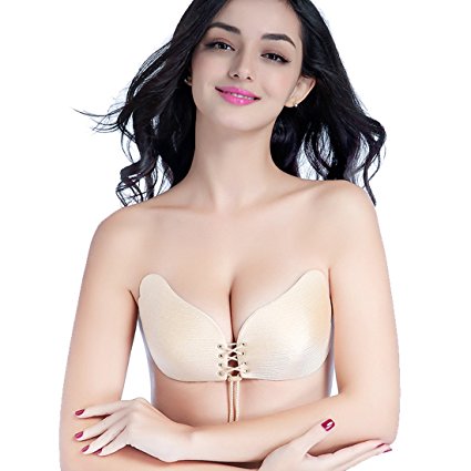 Blisstime Strapless Bras Self Adhesive Silicone Invisible Push-up Bras with Drawstring, Reusable Backless Bras for Women