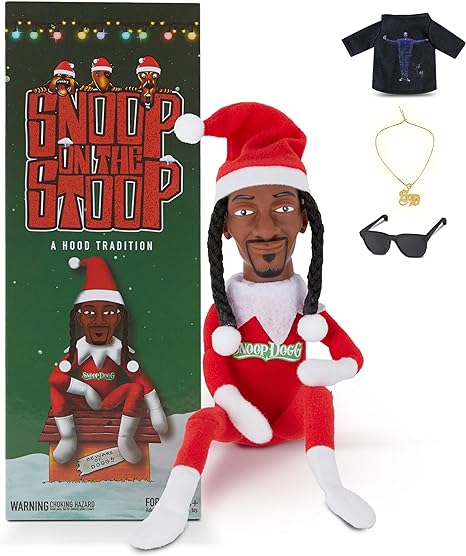 Snoop Dogg Snoop on a Stoop Christmas Elf Doll, 12” Small Plush Toys Shelf Decor, Includes Elf Toy, Extra Tshirt, Sunglasses and Necklace, Christman Gifts for Men & Women.