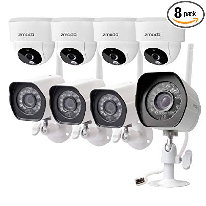 Zmodo Wireless Security Camera System (8 Pack - 4 Outdoor 4 Indoor) Smart HD Outdoor WiFi IP Cameras with Night Vision