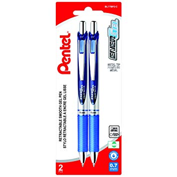 Pentel EnerGel Retractable Liquid Gel Roller, 0.7mm Medium Point Size, 2 Pack, Blue Ink - BL77BP2-C