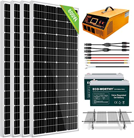 ECO-WORTHY 800W 3.2KWH Solar Power System Kit for Home House: 4pcs 195W Solar Panels   All-in-one Solar Charger Inverter   2pcs 100Ah Solar Battery   Ground Mounting System