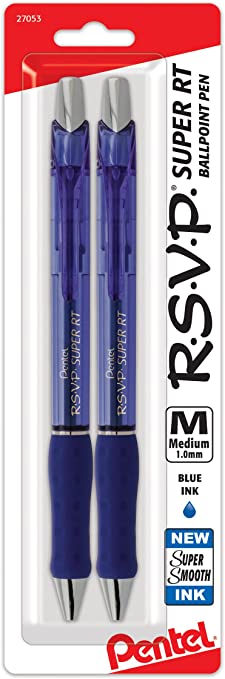 Pentel RSVP Super RT Ballpoint Pen, (1.0mm) Medium Line, Blue Ink, 2-Pk - BX480BP2C