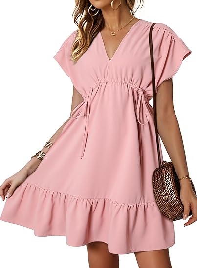 Dokotoo Womens Dresses Short Sleeve V Neck Drawstring Casual Ruffle A-Line Swing Mini Babydoll Dress