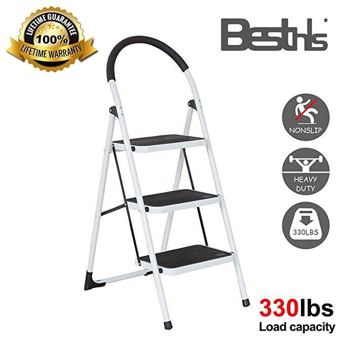 Besthls Step Ladder 3 Step Stool for Adults，Folding Kitchen Step Stool Lightweight Aluminum with Handgrip and Wide Anti-Slip PlatformMulti-Use for Household and Office, 300 LBS Capacity