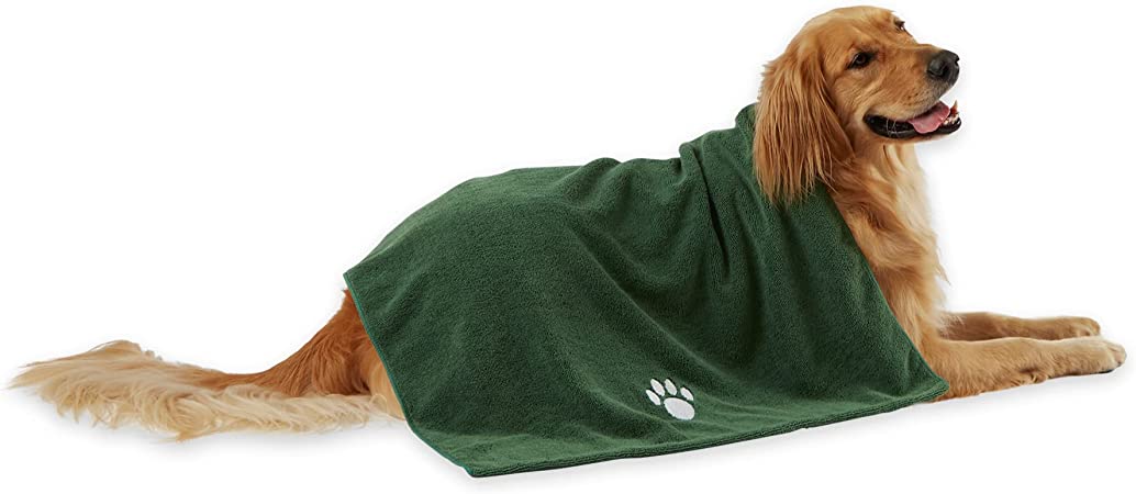 Bone Dry Pet Grooming Towel Collection Absorbent Microfiber X-Large, 41x23.5, Embroidered Hunter Green