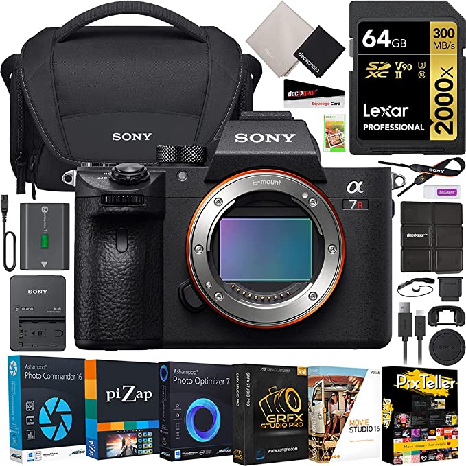 Sony a7R III Mirrorless Full Frame Camera Body New Version ILCE-7RM3A/B Bundle with Sony LCSU21 Case   Lexar 2000X 64GB Memory Card, Photo Video Software Kit   Deco Gear Accessories