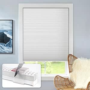 LazBlinds No Tools No Drill Cordless Cellular Shades, Trim-at-Home Blackout Honeycomb Shades with 1.5 inch Cells Pleated Blinds for Windows Size 35' W x 64'' H, White