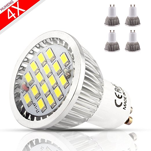 MUMENG 500LM GU10 Base 16SMD 2835 LED 6W 6500K Cool White Bulb 110V Replaces 50W Halogen 120 Degree Beam Angle for Office, Home, Recessed, Accent, Landscape, Track Lighting Pack of 4 Units