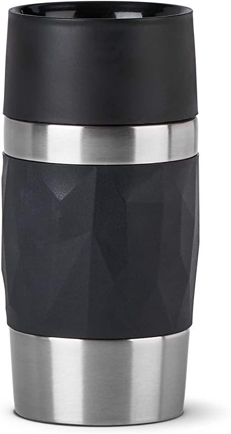 Emsa N21601 Travel Mug Compact Thermal / Insulated Mug Stainless Steel 0.3 litres 3 Hours Hot 6 Hours Cold BPA Free 100% Leak-Proof Dishwasher Safe 360° Drinking Opening Black