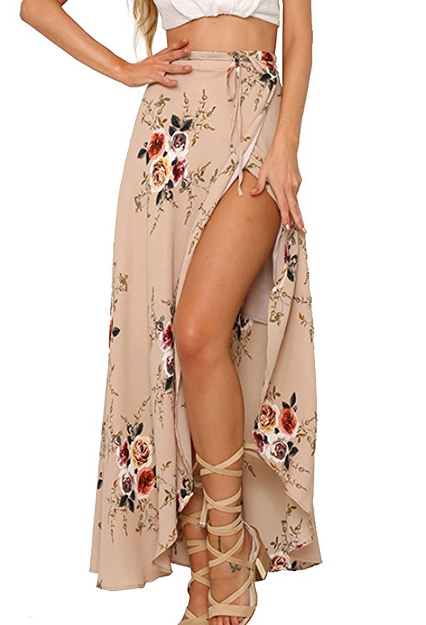 Yonala Womens Boho Floral Tie Up Waist Summer Beach Wrap Cover Up Maxi Skirt